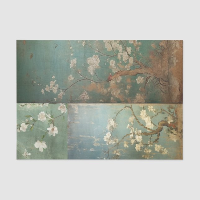 Chinoiserie Antiqued Green & Apple Blossoms 1 Tissue Paper (Front)