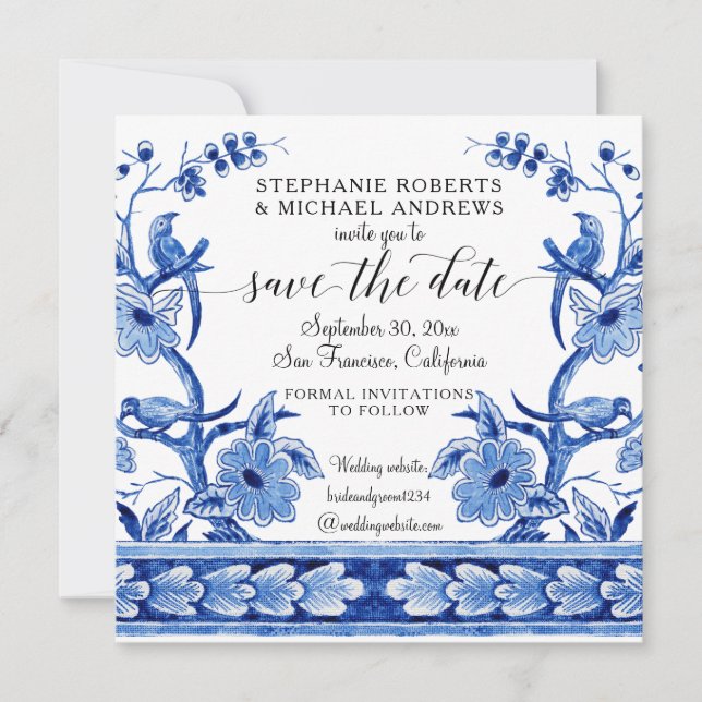 Chinoiserie Asian Influence Navy Blue White Floral Save The Date (Front)