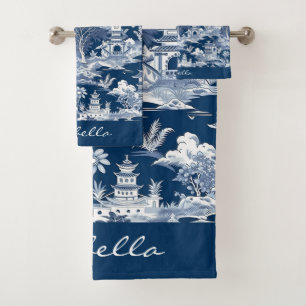 Chinoiserie Asian Landscape Painting Blue White Bath Towel Set