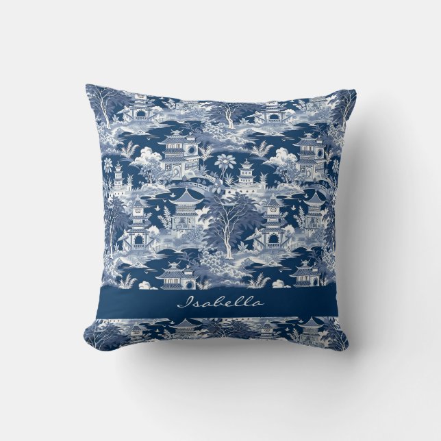 Chinoiserie Asian Landscape Painting Blue White Cushion (Front)