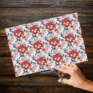 Chinoiserie Asian White Red Grey Floral Decoupage Tissue Paper