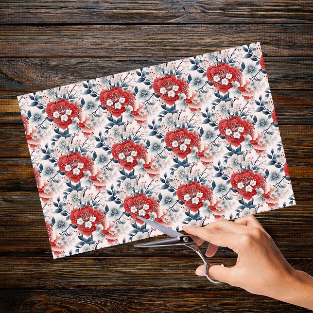 Chinoiserie Asian White Red Grey Floral Decoupage Tissue Paper (Creator Uploaded)