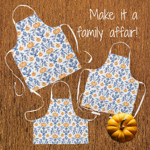 Chinoiserie Autumn Blue White Orange Pumpkins Apron