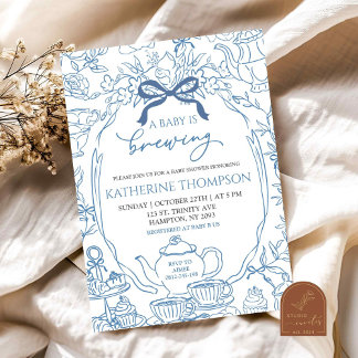 Chinoiserie Baby is Brewing Tea Floral Baby Shower Invitation