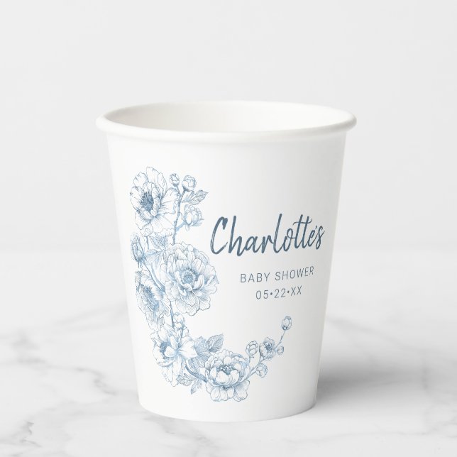 Chinoiserie Baby Shower Cups – Dusty Blue Floral  (Front)