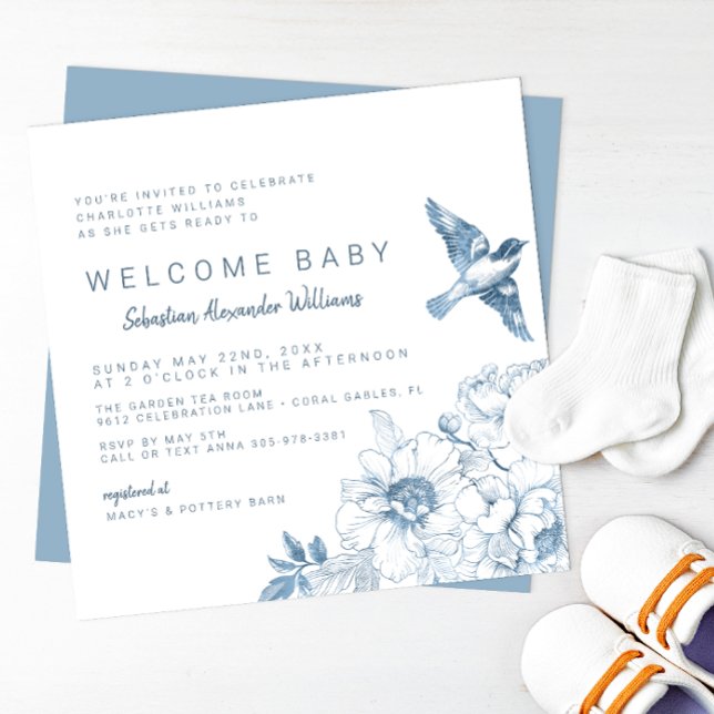 Chinoiserie Baby Shower Invitation – Blue Floral  (Dusty Blue Baby Shower Invitation)