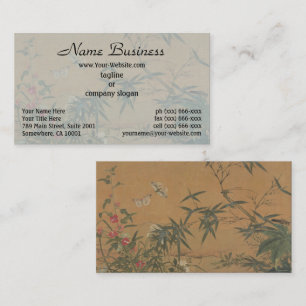 Chinoiserie Bamboo Butterfly & Red Floral Garden Business Card