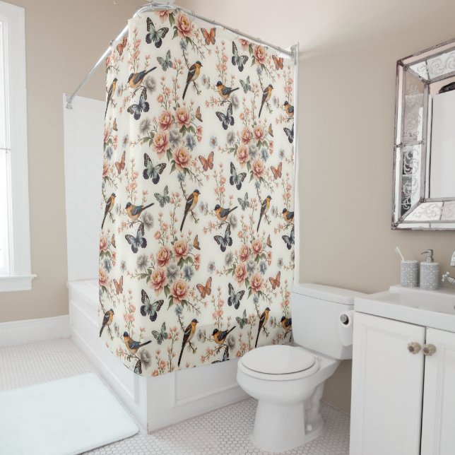 Chinoiserie Bird and Butterfly Harmony Shower Curtain (In Situ)