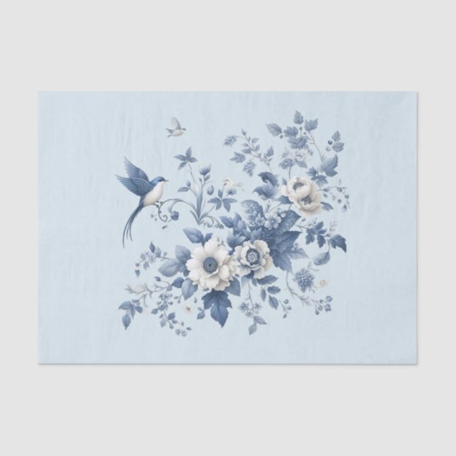 Chinoiserie Bird and Floral Blue Tissue Paper (Front)
