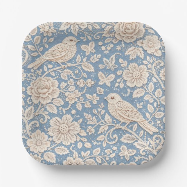 Chinoiserie Bird and Flower Seamless Pattern Paper Plate (Front)