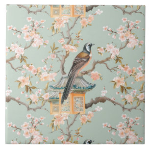 Chinoiserie Bird & Blossom Blush Sage Ceramic Tile