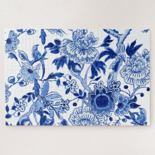 Chinoiserie Bird Floral Blue and White Tree Peony  Jigsaw Puzzle