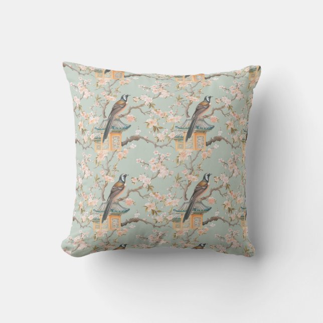 Chinoiserie Bird & Pink Blossoms Throw Pillow (Front)