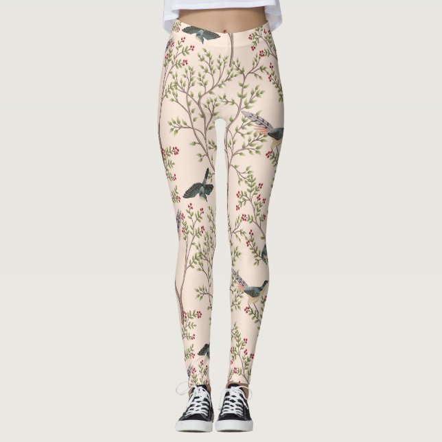 Chinoiserie birds and foliage blush pink leggings (Front)