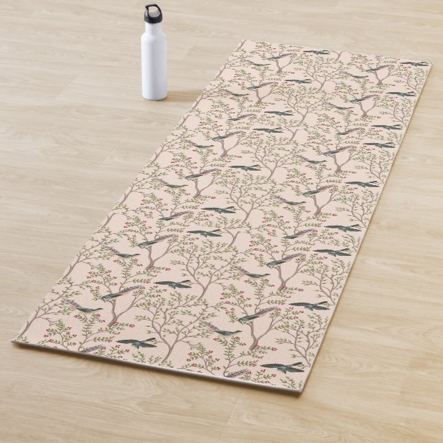 Chinoiserie birds and foliage blush pink yoga mat (In Situ)
