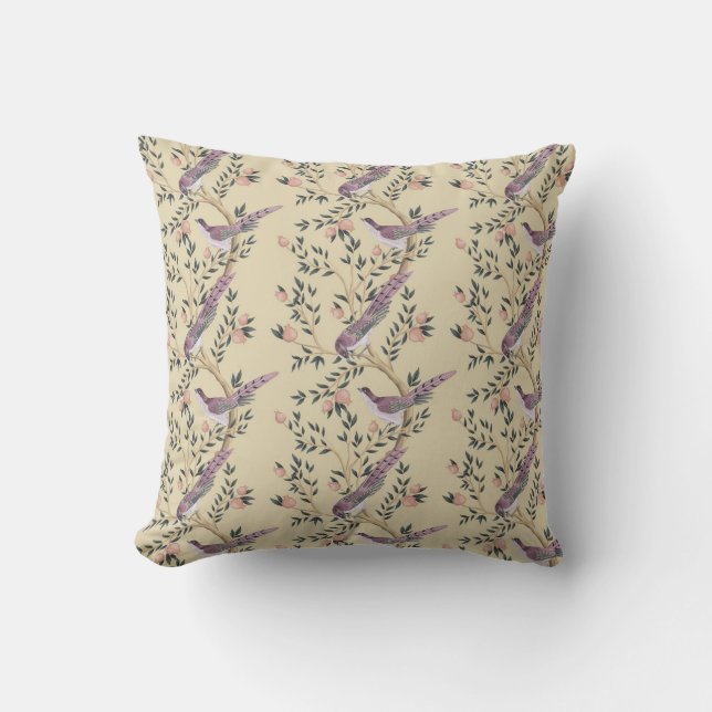 Chinoiserie birds and foliage fudge coloured cushion (Front)