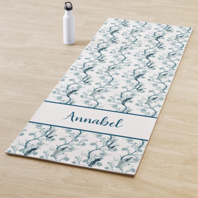Chinoiserie birds and foliage petrol  blue yoga mat (In Situ)