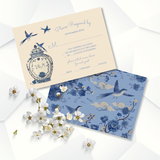 Chinoiserie Birds Topiary Wedding RSVP response Invitation (Creator Uploaded)