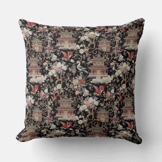 Chinoiserie Black Pagoda Cushion (Front)