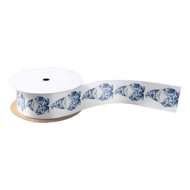 Chinoiserie Blue and White Cute Gnome Satin Ribbon (Spool)