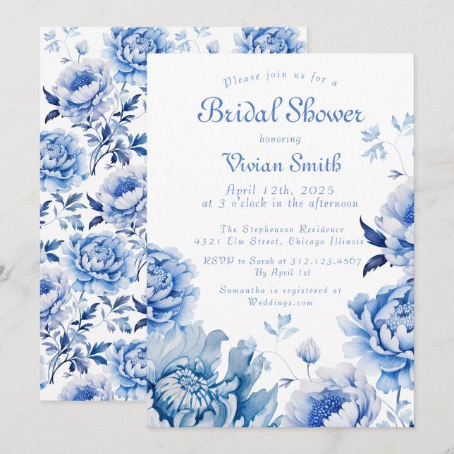 Chinoiserie Blue and White Floral Bridal Shower Invitation (Front/Back)