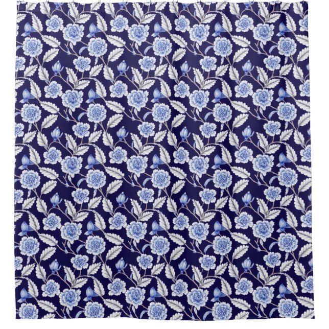 Chinoiserie Blue and White Floral Hampton Willow Shower Curtain (Front)