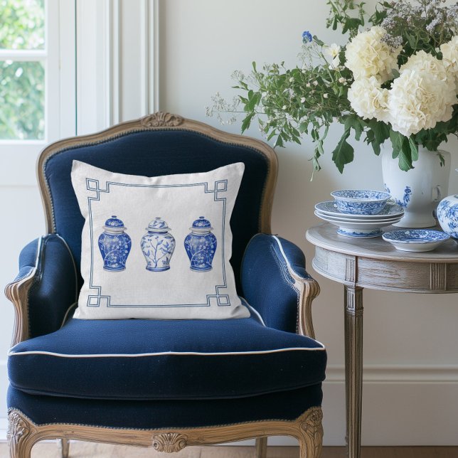 Chinoiserie Blue and White Ginger Jar Cushion (Chinoiserie Ginger Jar Pillow)