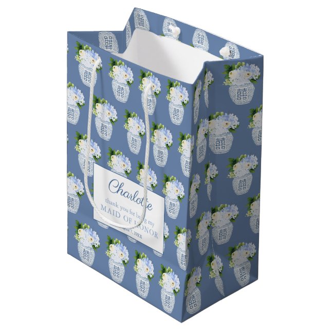 Chinoiserie Blue And White Maid Of Honour Thank Yo Medium Gift Bag (Front Angled)