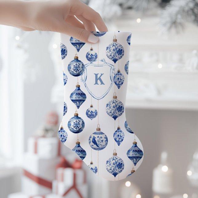 Chinoiserie Blue and White Ornaments Christmas Small Christmas Stocking (Monogrammed Chinoiserie Blue Ornament Christmas Stocking)