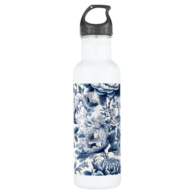 Chinoiserie Blue and White Peonies Floral Flowers 710 Ml Water Bottle (Front)