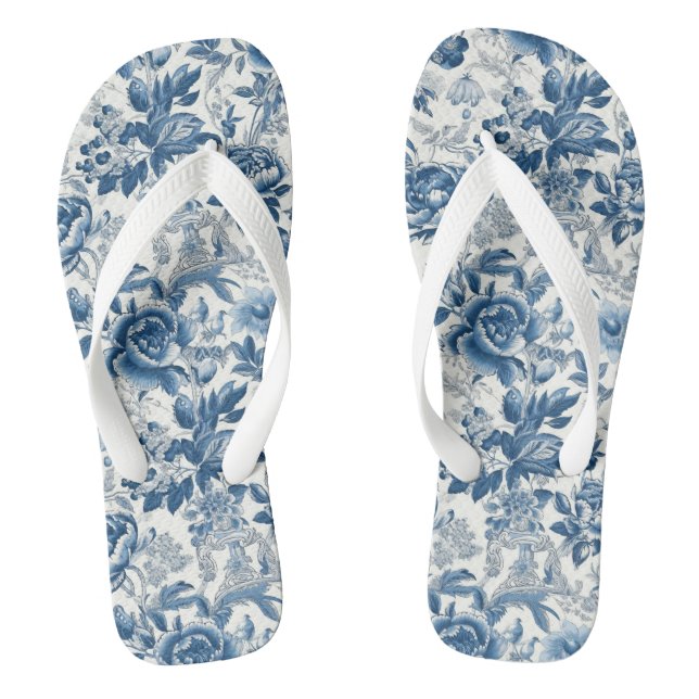 Chinoiserie Blue and White Peonies Floral Flowers Jandals (Footbed)