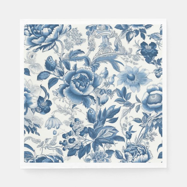 Chinoiserie Blue and White Peonies Floral Flowers Napkin (Front)