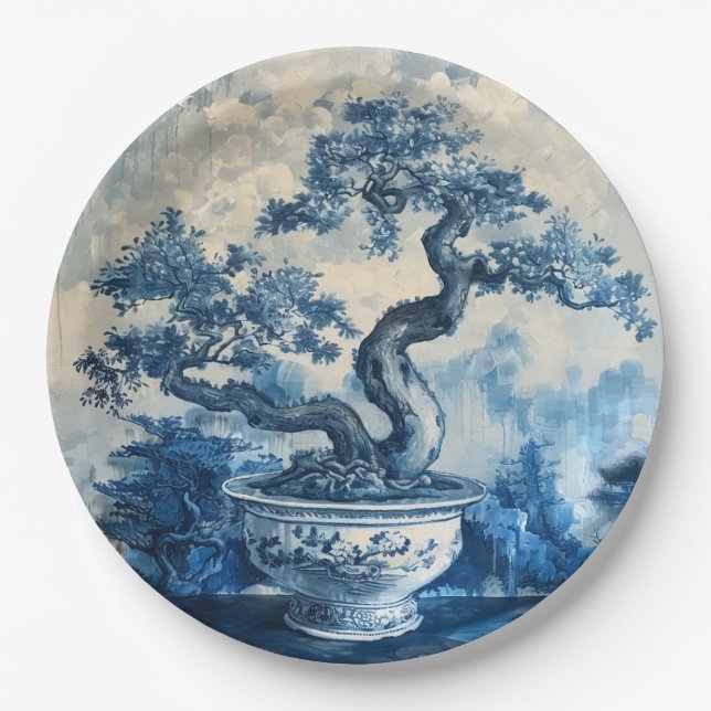 Chinoiserie Blue and White Porcelain Design  Paper Plate (Front)
