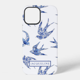 Chinoiserie Blue and White Swallows Birds w Name iPhone 12 Case