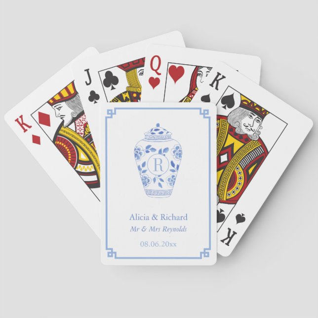 Chinoiserie Blue And White Wedding Crest Monogram Playing Cards (Back)