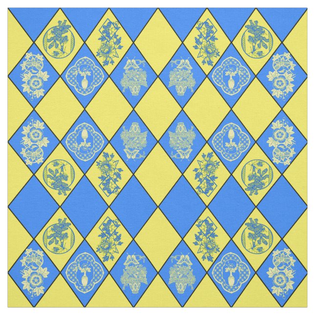 Chinoiserie Blue and Yellow Diamond Pattern Fabric (Swatch)