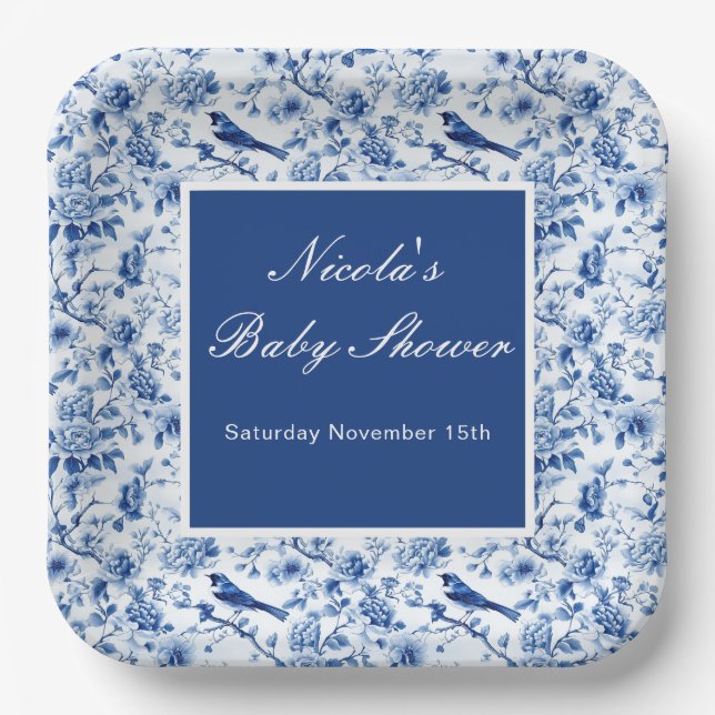 Chinoiserie Blue Birds and Flowers Baby Shower Paper Plate (Front)