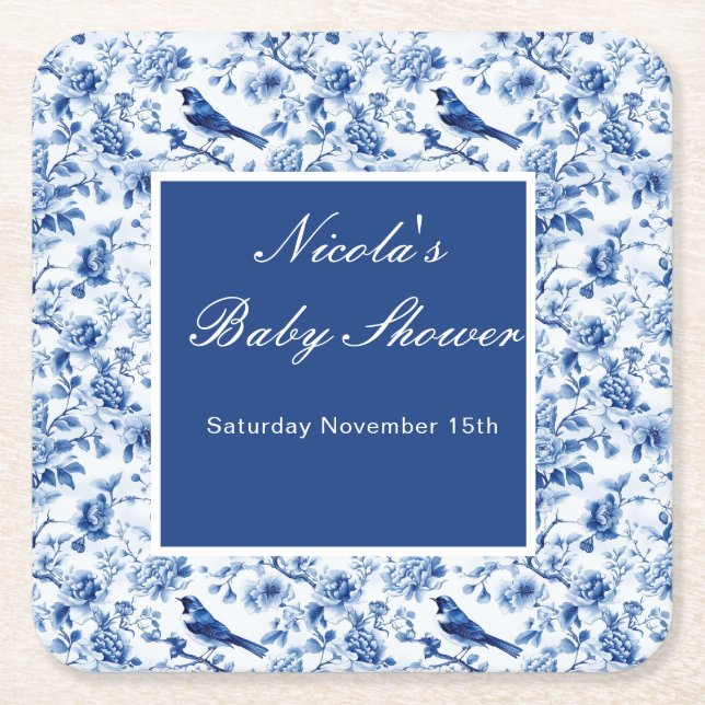 Chinoiserie Blue Birds and Flowers Baby Shower Square Paper Coaster (Front)