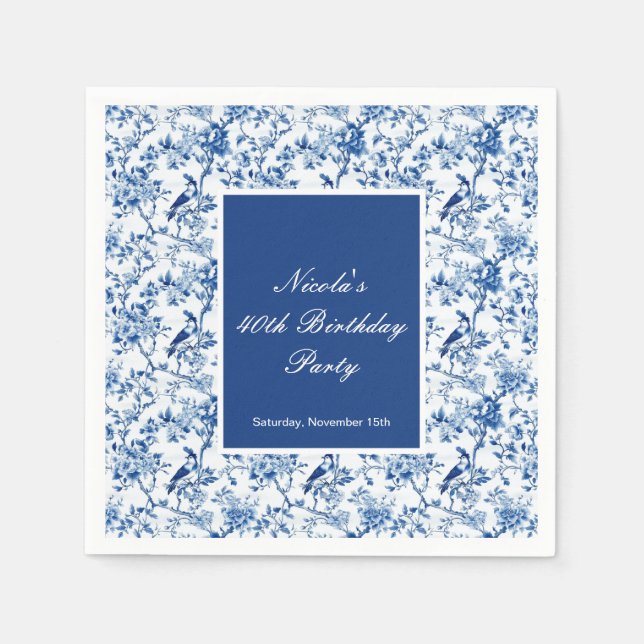 Chinoiserie Blue Birds and Flowers Birthday Napkin (Front)