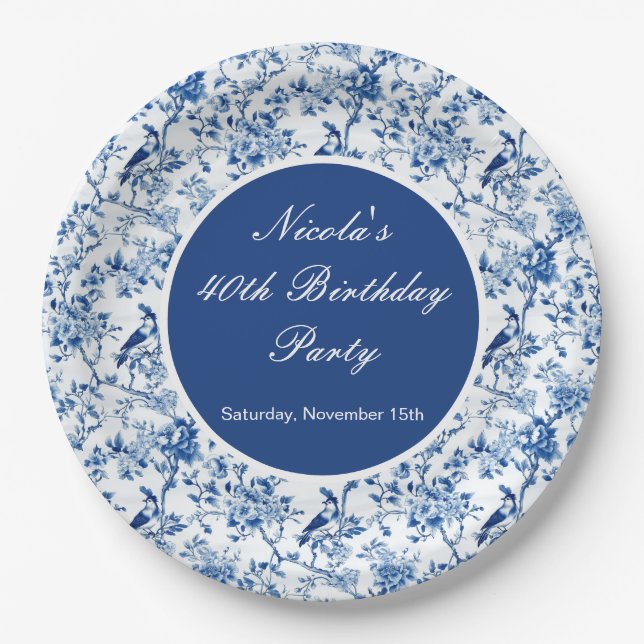 Chinoiserie Blue Birds and Flowers Birthday Paper Plate (Front)