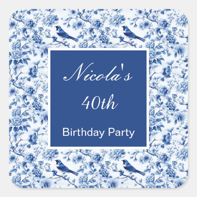 Chinoiserie Blue Birds and Flowers Birthday Square Sticker (Front)