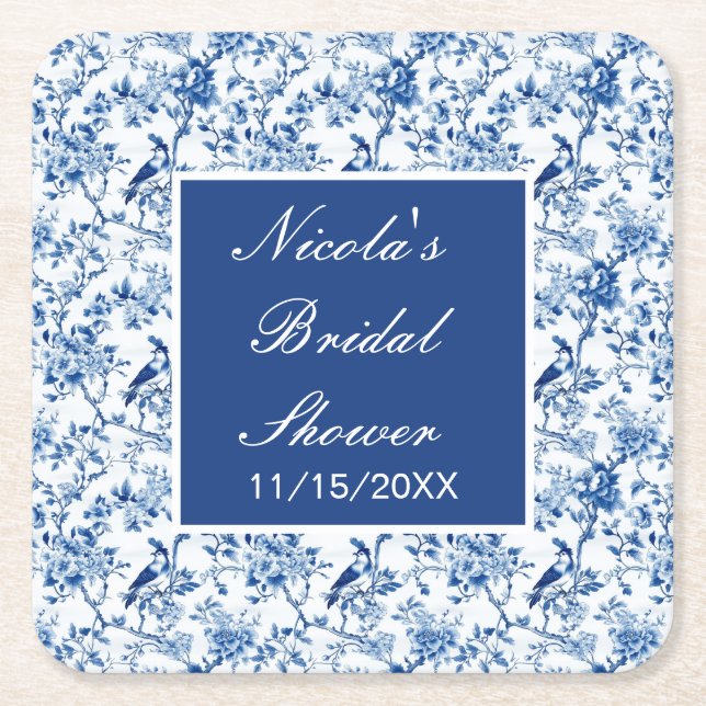 Chinoiserie Blue Birds and Flowers Bridal Shower Square Paper Coaster (Front)