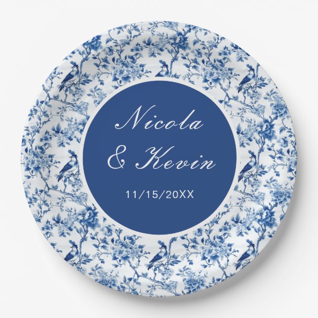 Chinoiserie Blue Birds and Flowers Wedding Paper Plate (Front)