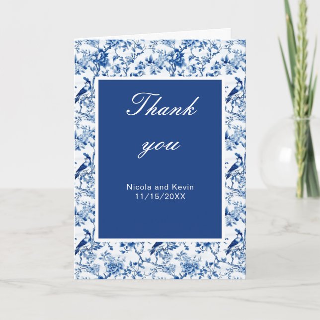 Chinoiserie Blue Birds and Flowers Wedding Thank You Card (Front)