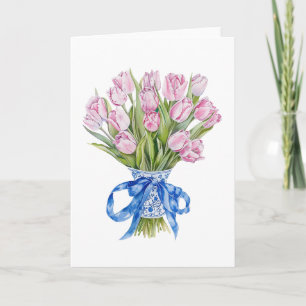 Chinoiserie Blue Bow Tulips Flowers Blank Greeting Card