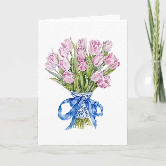 Chinoiserie Blue Bow Tulips Flowers Blank Greeting Card (Front)