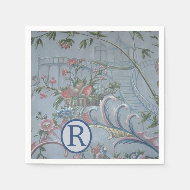 Chinoiserie Blue China Floral Monogram Garden Pink Napkin (Front)