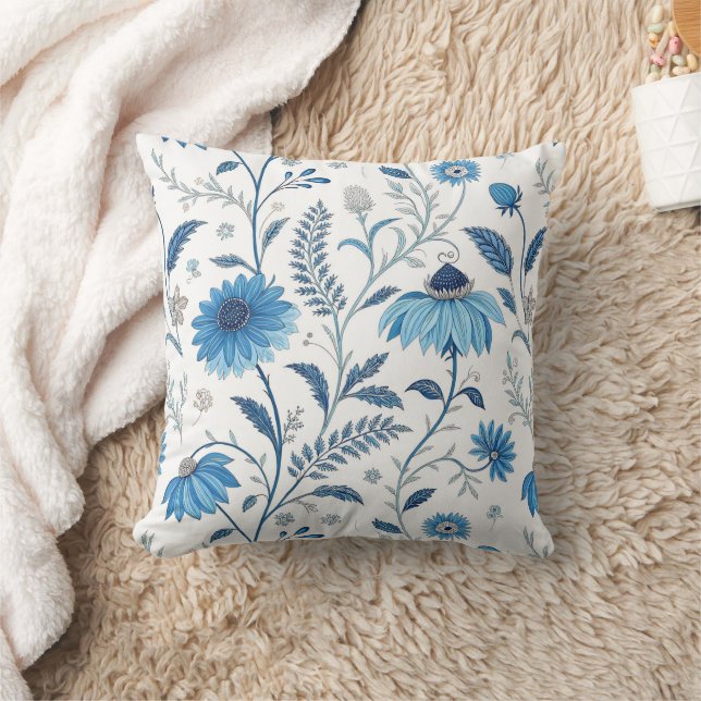 Chinoiserie Blue Echinacea Pattern Cushion (Blanket)