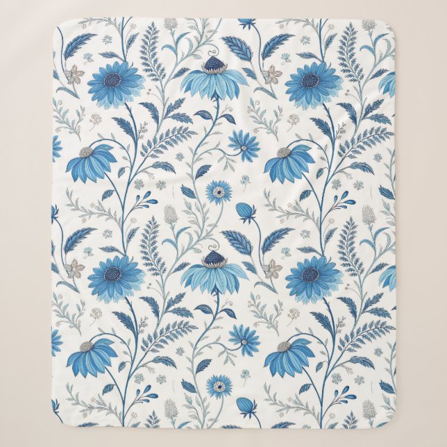 Chinoiserie Blue Echinacea Pattern Sherpa Blanket (Front)