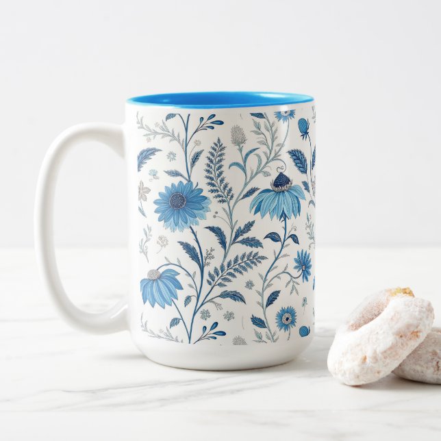Chinoiserie Blue Echinacea Pattern Two-Tone Coffee Mug (With Donut)